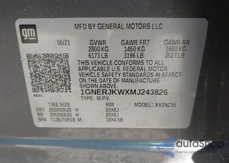 2021 Chevrolet Traverse Fwd Rs z USA, uszkodzony, nr VIN 1GNERJKWXMJ243826